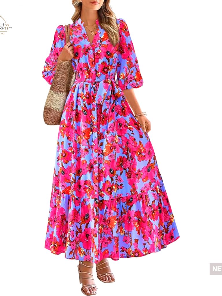 Floral Maxi Dress With Puff Sleeves, V-Neck, Tie Waist, Hidden Pockets